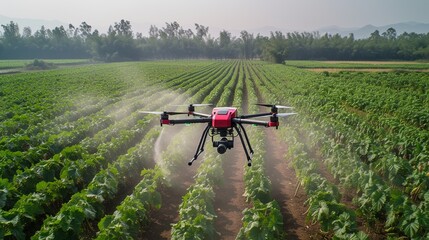Agriculture drone fly to sprayed fertilizer on row of cassava tree. smart farmer use drone for various fields like research analysis, terrain scanning technology, smart technology concept - obrazy, fototapety, plakaty