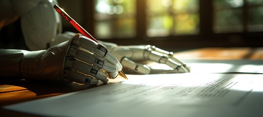 Futuristic ai robot writing with pen, chat bot assisting, blurred background, copy space for text - Powered by Adobe