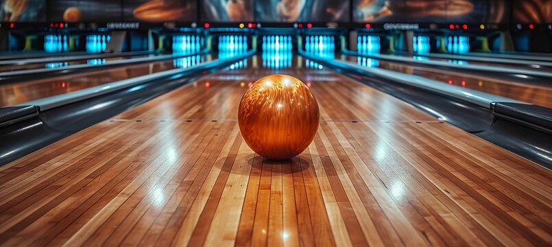 Bowling ball crashing into pins on alley in sport competition or tournament concept