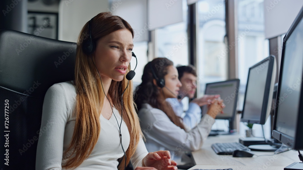 Poster helpful operator listening client in headset. sales manager answering questions