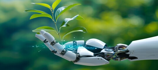 Artificial intelligence in sustainable agriculture  robot hand holding young plant in spring forest