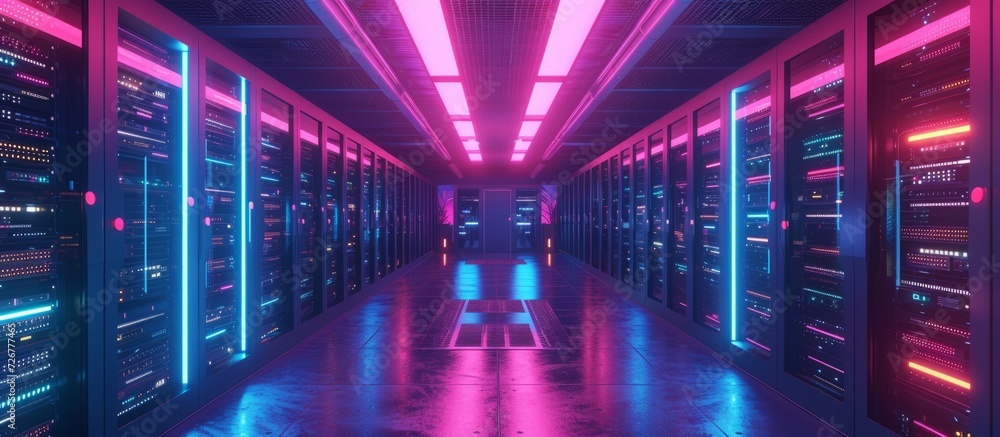 Sticker Illustration of a data center's advanced server room showcasing a quantum supercomputer with AI.