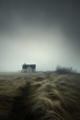 Fototapeta premium Landscape view of Iceland, void, houses, gloomy, dense fog. AI generated