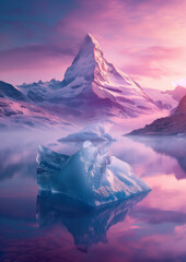 large frozen chunks of icebergs floating in a winter lake In front of Matterhorn mountain, cold steam coming off the water, jagged snow dunes surrounding lake, wide angle shot. AI generated