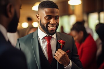 Obraz premium The Bridegroom adjusts the Rose on his Suit.