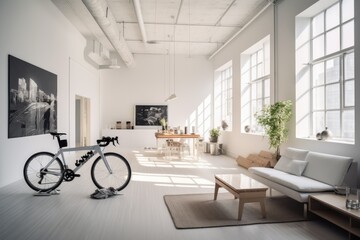 bright white room with a large window. bicycle part of the interior. modern design