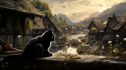 Tranquil Summer Village: A Blissful Idyll Featuring a Black and White Cat – Perfect Wallpaper Ambiance