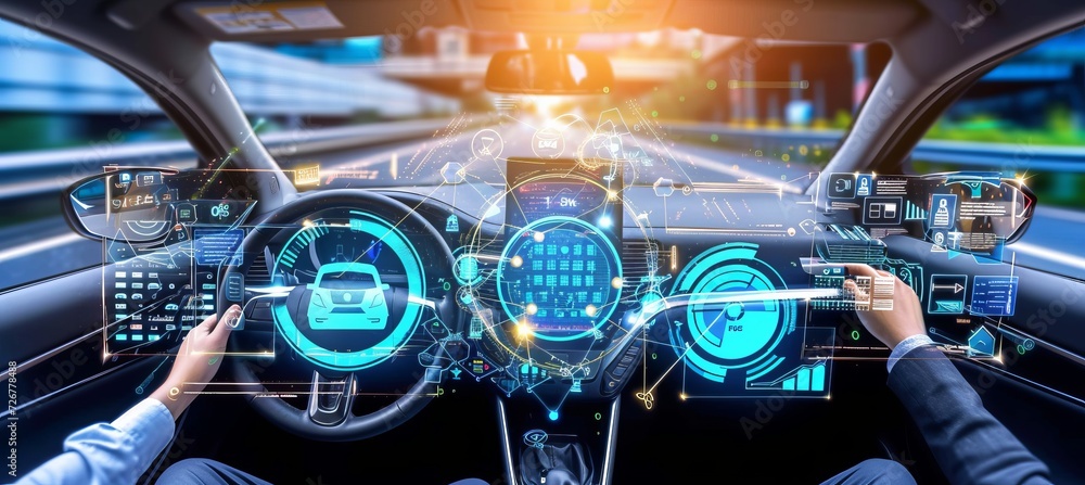 Poster engineer programming autonomous vehicle with interactive holographic elements and blurred background