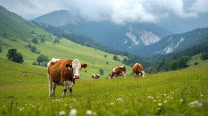Fototapeta na wymiar A cow grazes on alpine meadows. Agricultural industry