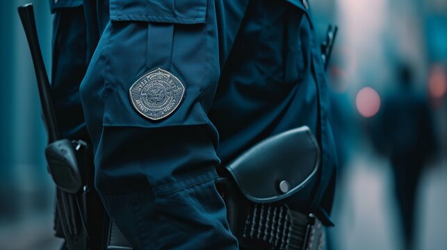 Close-up of the arm of a person wearing a police uniform.