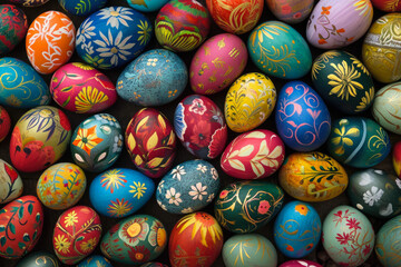 background of painted Easter eggs seen from above. The colors are bright and vibrant, and there are patterns and designs on the eggs