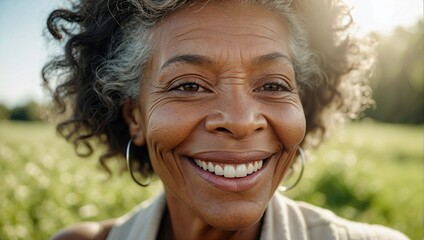 Portrait of a joyful elderly black woman with curly hair smiling brightly in a field, reflecting happiness and health.