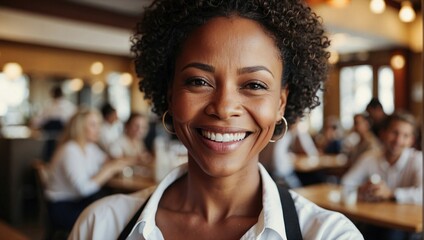 Cheerful African American waitress with curly hair, wearing a white shirt and black apron, stands in a bustling restaurant, radiating professionalism and warmth.