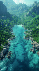 mountain river in the mountains, aerial shot. Ai generated