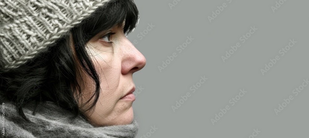 Wall mural Smiling woman in scarf and knitted hat, looking away on pastel background with space for text