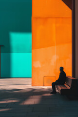 Man in black cloths sitting on a bench near a abstract formed and coloured architecture. AI generatedAI generated