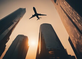 silhouette of a passenger plane flying over two skyscrapers, warm light, foggy weather
