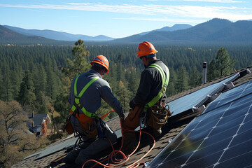 
two solar workers on a roof. they are putting a solar panel on the roof. view of mountains and tress in the background. AI generated