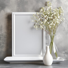 White picture frame mockup with a flower in a vase. AI generated