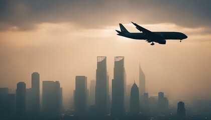silhouette of a passenger plane flying over two skyscrapers, warm light, foggy weather
 - obrazy, fototapety, plakaty