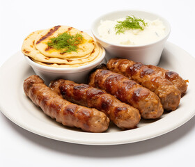A plate showcasing Bosnian Cevapcic. The grilled sausage and golden-brown flatbread are complemented by a creamy dip. Fresh dill garnishes this mouth-watering meal