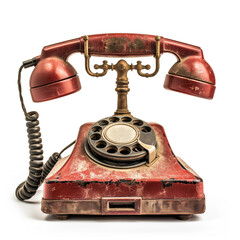 A striking image of a vintage red rotary telephone. The phone’s worn appearance and vibrant red color contrast beautifully against the white background.