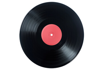 Close-up view of a classic black vinyl record with a red label, isolated on a white background. The grooves and texture are highlighted.