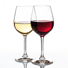 Two elegant wine glasses filled with red and white wine, isolated on a white background, reflecting sophistication and celebration.