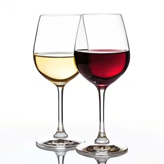 Fotobehang Two elegant wine glasses filled with red and white wine, isolated on a white background, reflecting sophistication and celebration. © Sviatlana