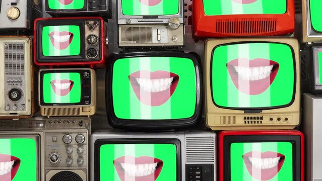 vintage televsion collection wall with lips