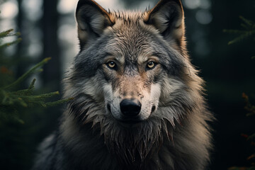 Naklejka na ściany i meble wolf carnivorous mammal of the canid family that obtains its food independently by actively searching for and pursuing its prey. angry forest grey zoo danger wildlife fear.