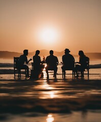 Fototapeta na wymiar silhouette of people sitting around a wood fire on the beach having fun 