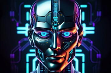 Android head close up. Future concept. Neon futuristic background. Illustration by Generative AI.