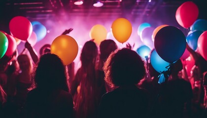 Fototapeta na wymiar silhouette of young people having fun in a night club, colored lights, colorful balloons flying, smoky palce 