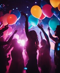 silhouette of young people having fun in a night club, colored lights, colorful balloons flying, smoky palce
