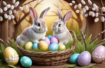 Easter rabbits in a basket surrounded by painted eggs and twigs of flowering willow. Illustration by Generative AI.