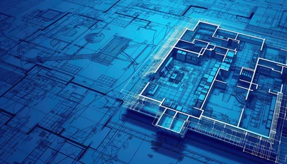 Fotobehang Abstract blue architecture plans background from above, building engineering blueprints backdrop © Prometheus 