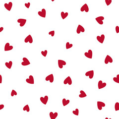 All over seamless vector repeat pattern with ditsy small red hand drawn doodle hearts tossed on white background. Simple cute Valentines day background