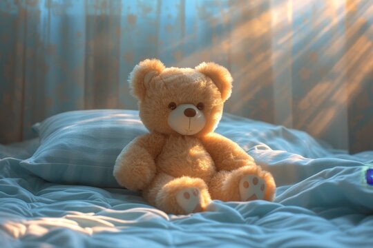 A cozy brown teddy bear sits comfortably on a plush bed, surrounded by soft blankets and baby toys