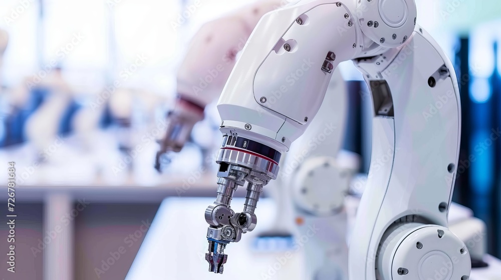 Poster high tech robot arm with machine learning in modern production line, blurred background