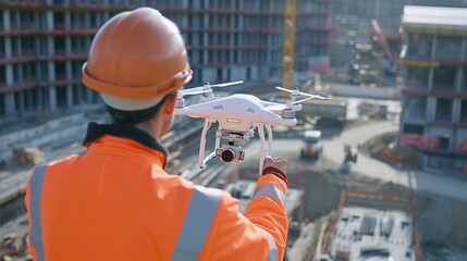 Drone operated by construction worker on building site  - obrazy, fototapety, plakaty