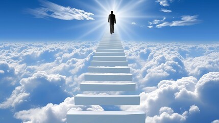 Ascending the white stairs to success under the blue sky, reaching for limitless opportunities