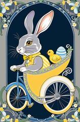 The Easter bunny on a bicycle carries Easter gifts. Illustration by Generative AI.