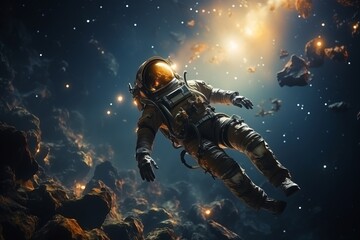 Fototapeta na wymiar Astronaut floating amidst a mesmerizing galaxy filled with glittering stars and a remote planet