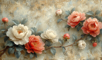 Blooming Peonies on Weathered Textured Background, Vintage Elegance