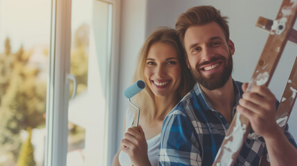 Ein hübsches lachendes Paar streicht und modernisiert die neue Wohnung oder Haus bei dem Einzug
