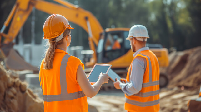 Mann und Frau evtl Techniker oder Bauleitung oder Architekt auf der Baustelle mit einem Bagger im Hintergrund