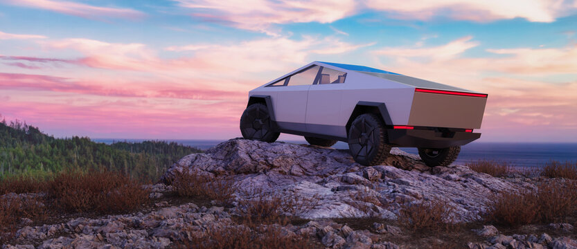 Tesla Cybertruck on a Rocky Mountain by the Ocean Shore. Aerial landscape in Background. 3D rendering, Adventure Composite.