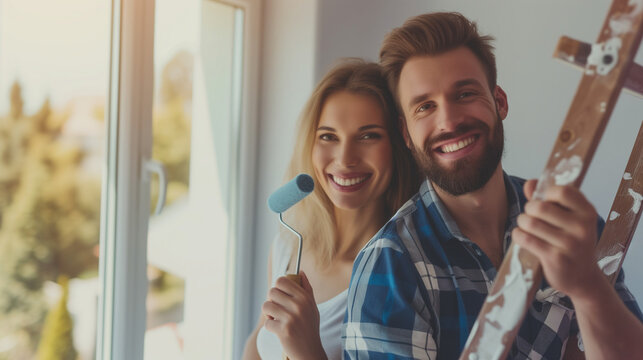 Ein h&uuml;bsches lachendes Paar streicht und modernisiert die neue Wohnung oder Haus bei dem Einzug