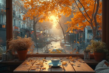 Amidst the warm hues of autumn, a cozy indoor scene captures the tranquility of sipping coffee by a window overlooking the city, with furniture adorned by a flowerpot and vase, and a houseplant addin - obrazy, fototapety, plakaty